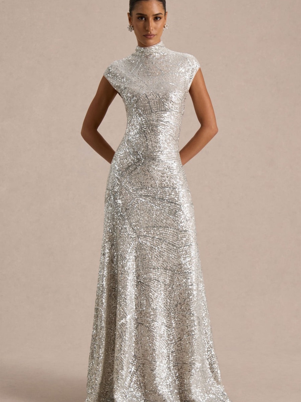 Club L London Silver Sequin High Neck Cap Sleeve Maxi Evening Dress Size US 4